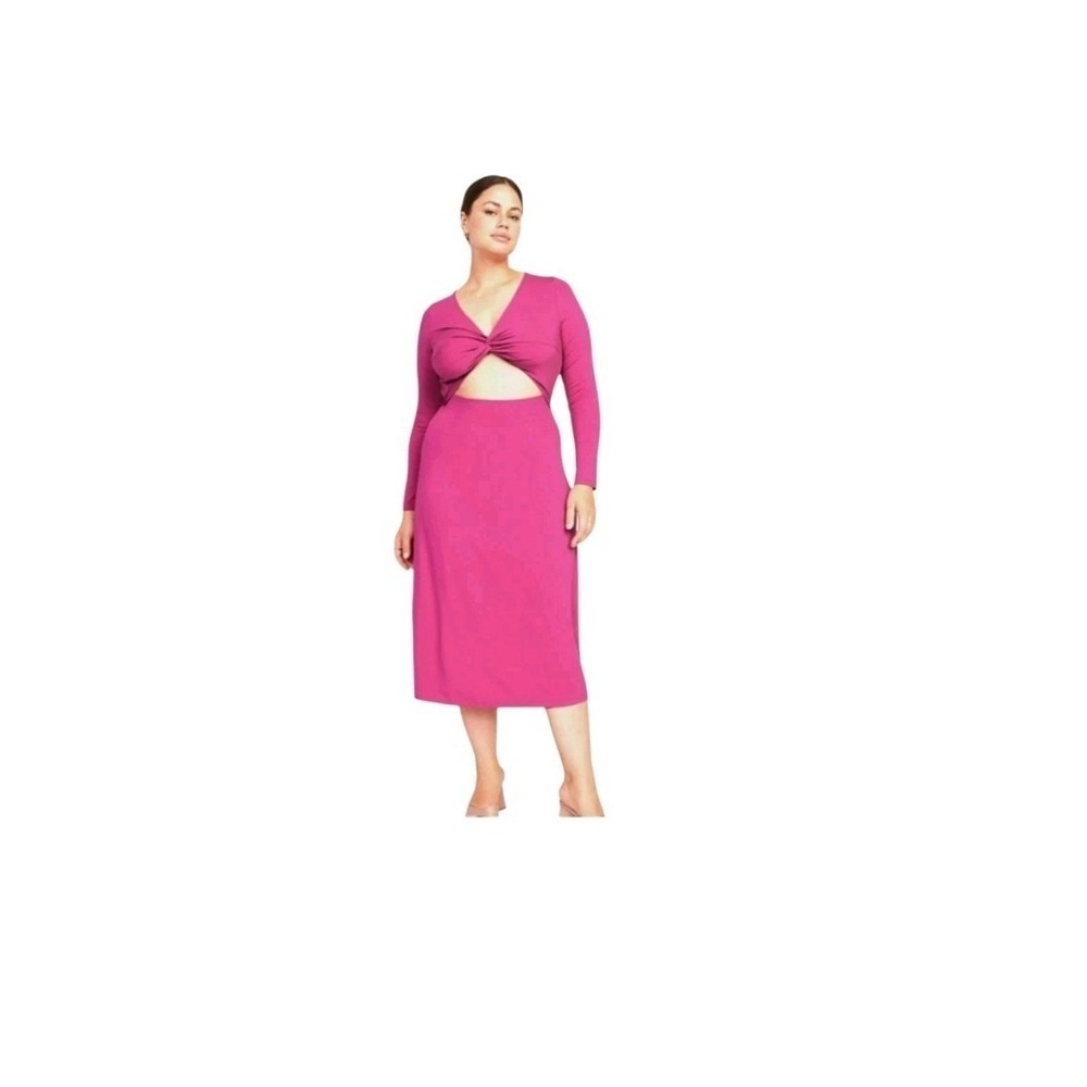 Old Navy Womens Large Fuschia Pink Fit Flare Twist Front Cut Out Midi Dress New